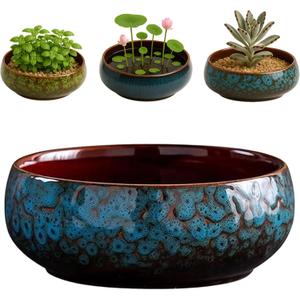 Oncpcare Lotus Bowl Planter Glazed Ceramic Water Plant Pot for Indoor Outdoor Use, Shallow Hydroponic Vase for Lotus Seeds, Succulents, Bonsai, Water Lily Arrangement (Blue), Medium