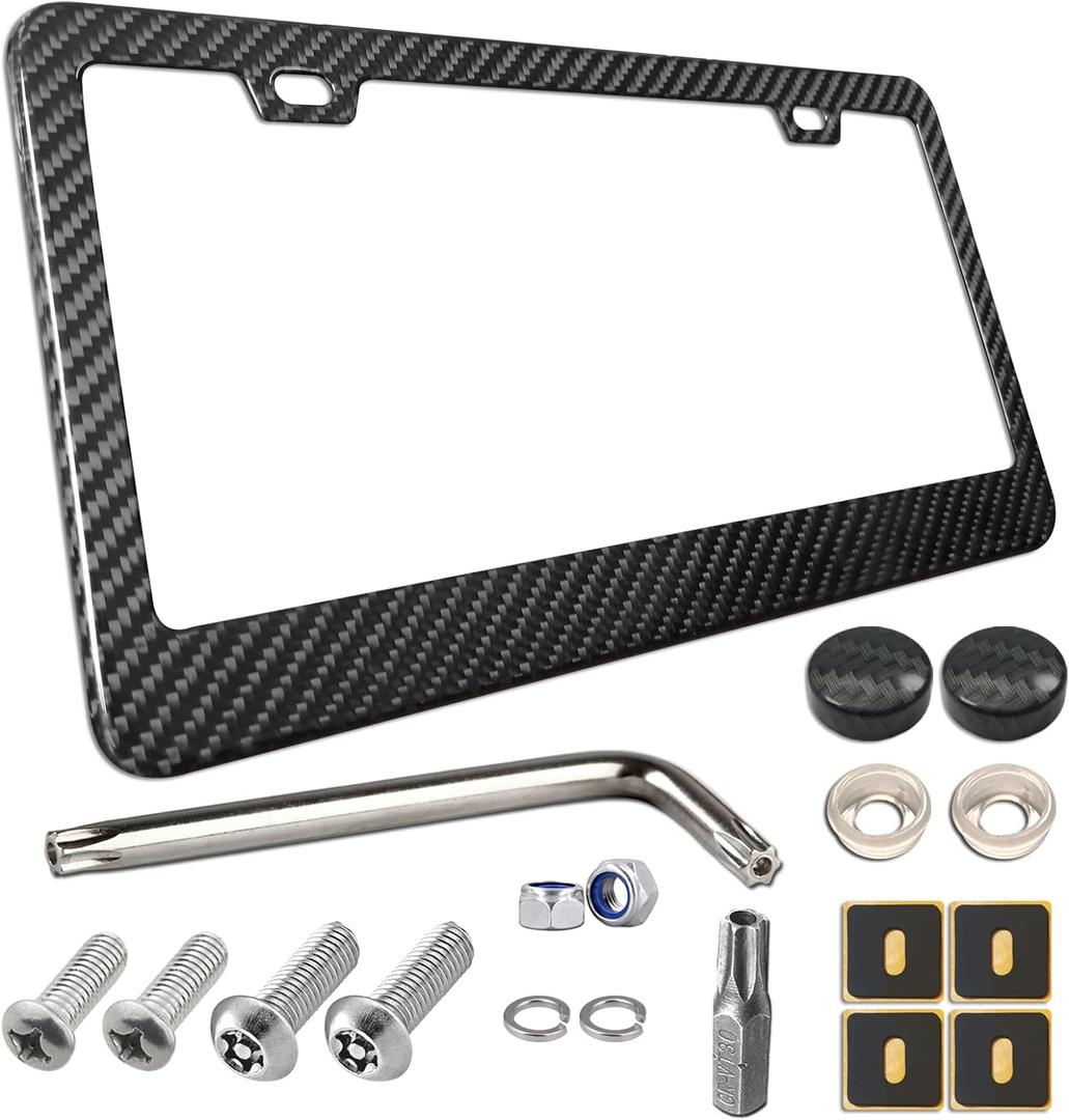 BGGTMO Carbon Fiber License Plate Frame - 100% Real Carbon Fiber Overlays Stainless Steel License Plate Frames | Stainless Steel Anti-Theft License Plate Screws | 1PC Black Gloss Plate Frame