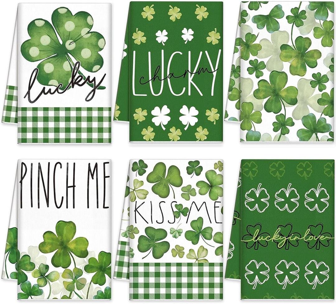 VitalCozy 6 Pcs St. Patrick's Day Kitchen Hand Towels Shamrock Dish 14 x 21 Inch Decorative Absorbent Green Irish Tea Towels for Kitchen Bathroom Gifts(Shamrock)