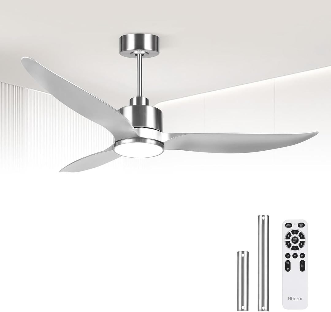 52 Inch Ceiling Fan with Lights, High CFM 3 Blades Sliver Ceiling Fan with Remote Control, Quiet DC Motor Fan for Indoor Outdoor (Silver)