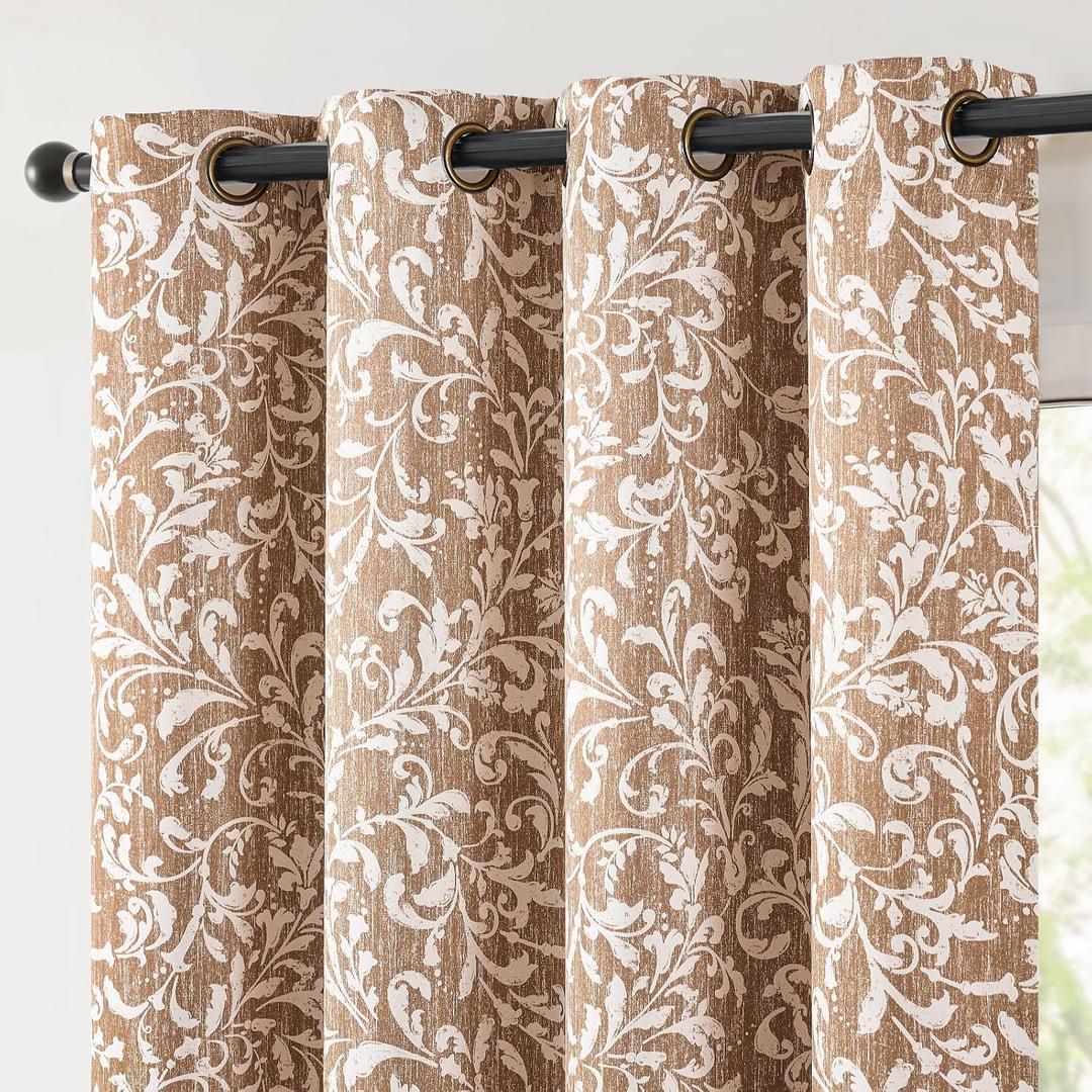 jinchan Blackout Curtains for Bedroom, Warm Taupe Scroll Floral Patterned Curtains 90 Inch Length for Living Room, Farmhouse Vintage Art Deco Drapes, Thermal Insulated Window Curtains Grommet 2 Panels