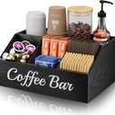 Coffee Station Organizer for Countertop – Wooden Coffee Bar Organizer with Adjustable Dividers,Holds K Cup Pod & syrup bottles, for Kitchen, Office, or Bar and Tea Station, Black