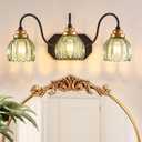 Vintage Bathroom Vanity Light, Bathroom Lighting Fixtures Over Mirror, Mid Century Style Farmhouse Light Fixtures with Green Glass Shades, Black Finish Wall Mount for Bedroom (Green, 3-Light)