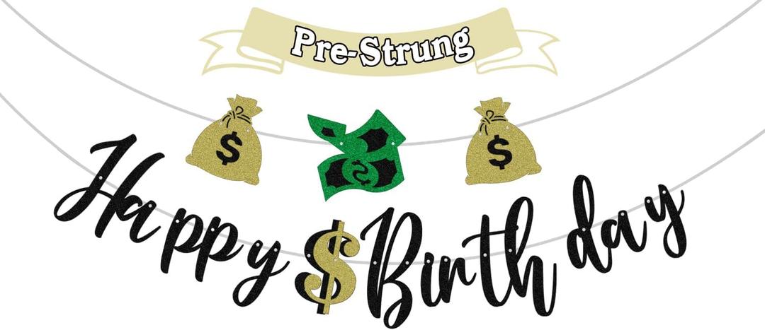 Dollar Theme Happy Birthday Banner Money Dollar Bill Signs Bunting Decor, Birthday Party Decoration Supplie