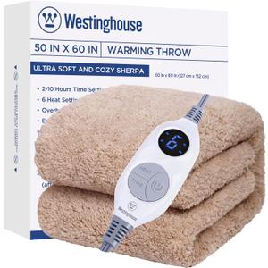 Westinghouse Electric Blanket Throw Size, Soft Plush Sherpa Heated Blanket with 6 Heating Levels & 2-10 Hours Auto-Off, Machine Washable, 50x60 inches, Camel