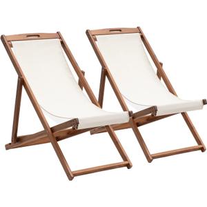 Outdoor Wooden Patio Lounge Chair 2 Set Beach Sling Chair Set Height Portable Reclining Beach Chair Solid Wood Frame with White Polyester Canvas 3 Level,Khaki