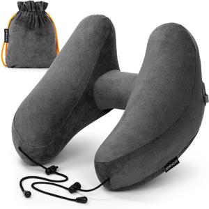 Rewondah Inflatable Travel Pillow for Sleeping Airplane - Inflatable Neck Pillow for Traveling on Plane with Washable Cover, Blow up Neck Travel Pillow for Airplanes, Cars - Portable and Comfortable (Dark Grey)
