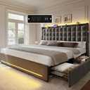YITAHOME King Size Bed Frame with 3 Storage Drawers and RGB LED Lights, Velvet Upholstered Bed with Charging Station and Storage Headboard, No Box Spring Needed, Easy Assembly, Noise-Free, Black