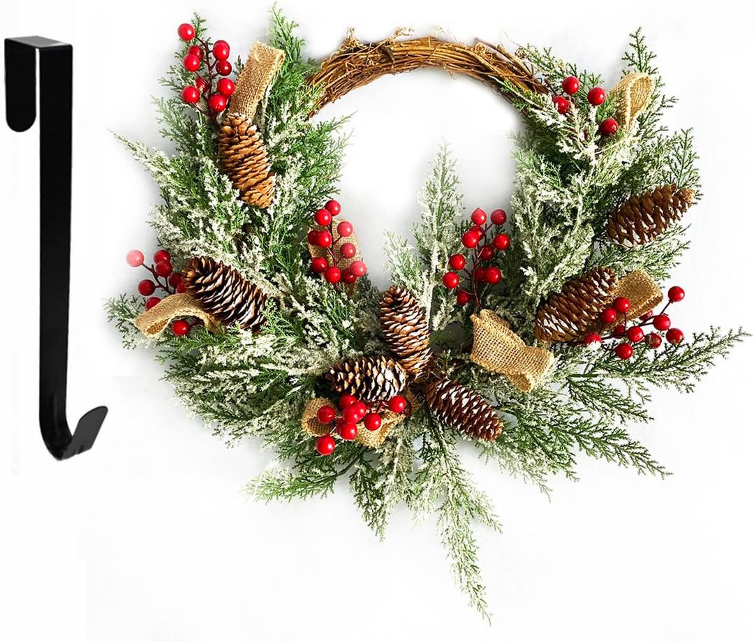 Artificial Christmas Door Wreath, Christmas Wreaths for Front Door, Window Wreaths with Pine Cone, Red Berries, Burlap Ribbon & Snowflake, Holiday Indoor/Outdoor Wreath Decorations, 23 inch
