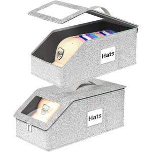Hat Organzier for Baseball Caps - 2 PCS Stackable Hat Storage Holder Holds up to 26 Caps for Closet, Dust-Proof Hat Boxes Container with Clear Window for Home, Light Grey