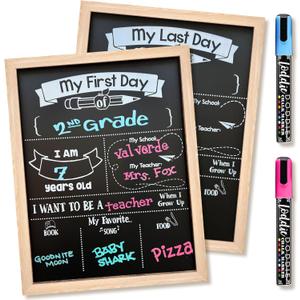 Loddie Doddie First & Last Day of School Sign Board - 14 x 11 in Light Wood Frame - Double-Sided Magnetic Chalkboard & 2 Liquid Chalk Markers - Classroom Sign & Photo Prop - Back to School Supplies