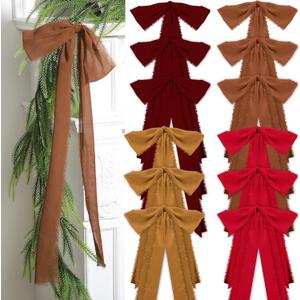 12 Pcs Christmas Frayed Edge Bows Decoration - 12" x 24" Chiffon Silk Ribbon Large Vintage Bow Ornaments Set for Xmas Tree Topper, Garland, Wreath, Candlestick - Holiday Indoor Outdoor Decor (Retro Color)