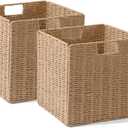 12x12x12in Wicker Storage Baskets for Shelves, Set of 2 Hand-Woven Paper Rope Wicker Basket,Foldable Cube Storage Bins, Natural Color Storage Cubes, Square Baskets for Organizing Decor
