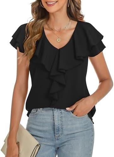 Nitzana Women's Ruffle Short Sleeve Tops Dressy Casual Business Work Blouses Office V Neck Chiffon Shirts Summer 2025, M
