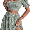 LYANER Women's 2 Piece Outfits Floral Off Shoulder Tie Up Crop Top and Mini Skirt Set (Medium, Green)