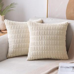 MIULEE Pack of 2 Corduroy Decorative Throw Pillow Covers 22x22 Inch Soft Boho Striped Pillow Covers Modern Farmhouse Home Decor for Sofa Living Room Couch Bed Cream White (22" x 22" (Pack of 2), Cream White)