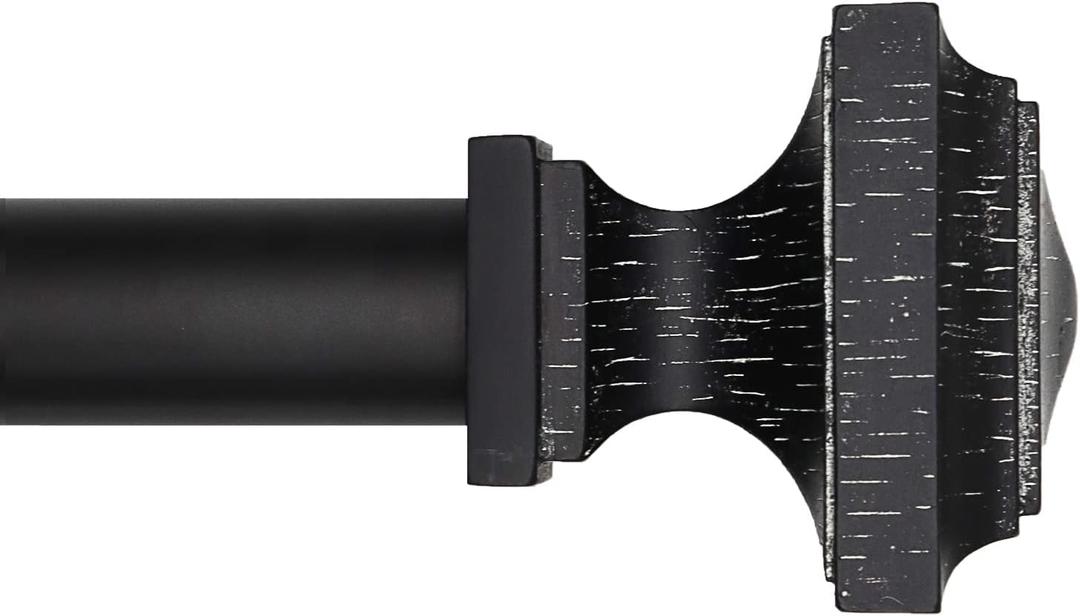 Curtain Rod 1 Inch, Wood Decorative Treatment Single Window Curtain Rods - Square Finials, Imitation Wood Grain 1 Pack (Black, 72-144)