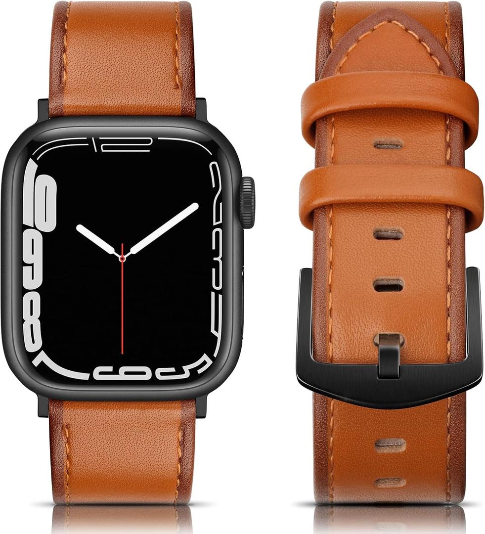 EDIMENS Leather Bands Compatible with Apple Watch 49mm 45mm 42mm 44mm Band Men Women, Vintage Genuine Leather Wristband Replacement Band Compatible for Apple Watch iwatch Series 9 8 7 6 5 4 3 2 1 SE2 (London Tan)