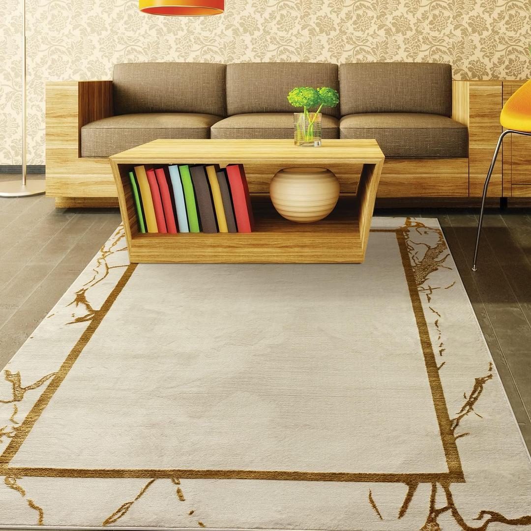 Antep Rugs Babil Gold 5x7 Marble Bordered Modern Geometric Indoor Area Rug (Beige, 5'3" x 7') (5845-beige)