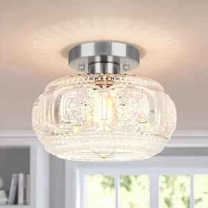 Brushed Nickel Semi Flush Mount Ceiling Light, Glass Shade Modern Ceiling Light Fixture, Lighting for Hallway Bedroom Entryway Kitchen Porch (9.38 inch, Silver)