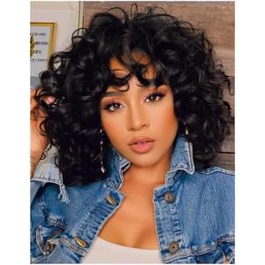 Traqur Short Curly Wigs with Bangs for Black Women, Loose Wavy Afro Kinky Curly Wig, Soft Heat Resistant Synthetic Hair Natural Looking Wig for Daily Party Cosplay (Black)