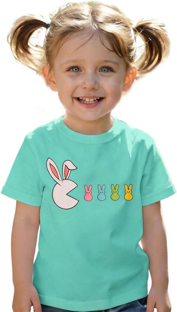 Ritatte Easter Shirt for Girls Toddlers Cute Bunny Eating Peeps Graphic Outfit Kids Funny Rabbit T-Shirt Short Sleeve Tee Top