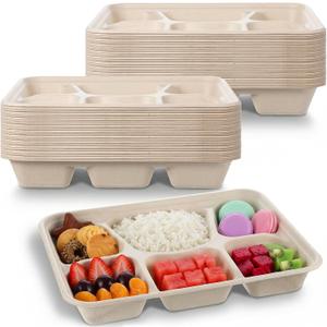 50 Pack 6 Compartment Disposable Plates, Heavy Duty Paper Plates with Compartments, Compostable Bagasse Plate for School, Party & Catering Trays, 11"x8"