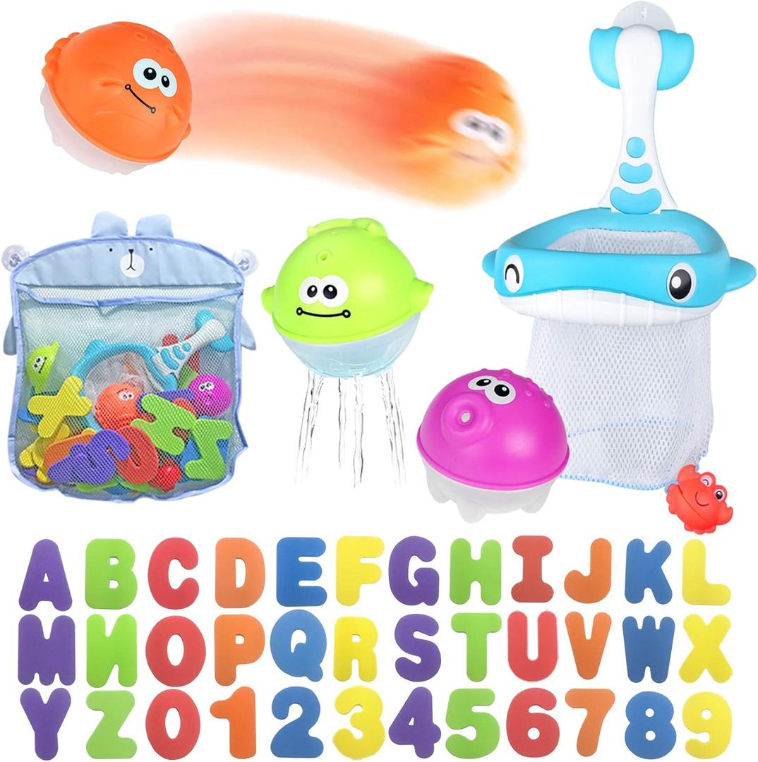 Bath Toy Sets, 36 Foam Bath Letters and Numbers, Floating Squirts Animal Toys Set with Fishing Net and Organizer Bag, Fish Catching Game for Babies Infants Toddlers Bathtub Time