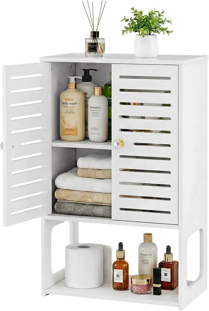4-Tier Wall Bathroom Storage, White Cabinet with Doors & Open Shelf, Space-Saving Organizer for Bathroom, Kitchen, Entryway (7.9" D x 15.7" W x 22.4" H)