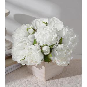 12Pcs Artificial Peonies with Wooden Vase, White Silk Flower Centerpieces for Tables, Fake Floral Arrangements with Planter, Realistic Stems for Living Room Washroom Home Decorations