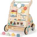 LOL-FUN Wooden Baby Walker with Detachable Busy Board, Push Walker for Baby with Adjustable Speed Wheels, Activity Learning Walker for Boys Girls 12 Months