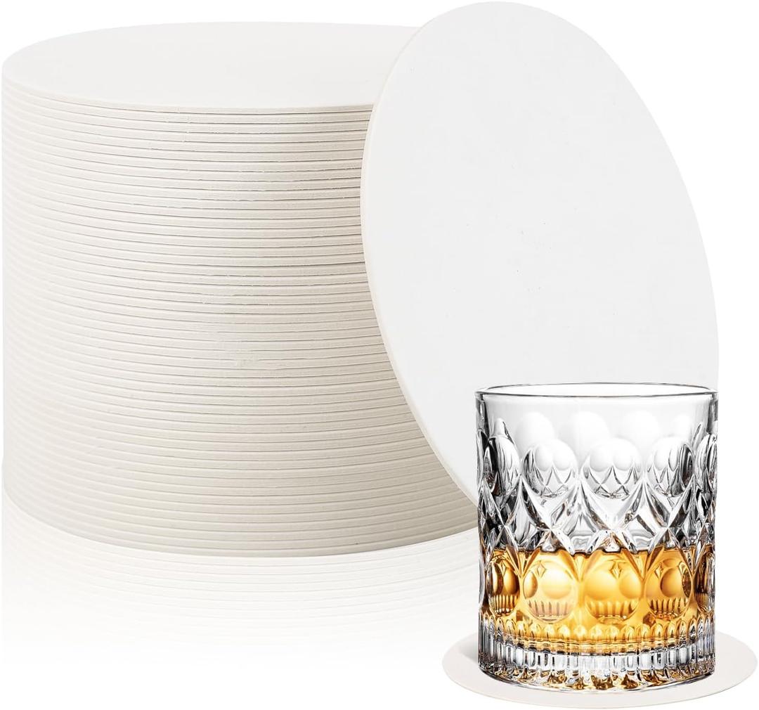 50 Pcs Thickened Paper Coasters 1.5MM, 4 Inch Disposable Round White Cardboard Coasters for Weddings Parties Catering Bars DIY Crafts