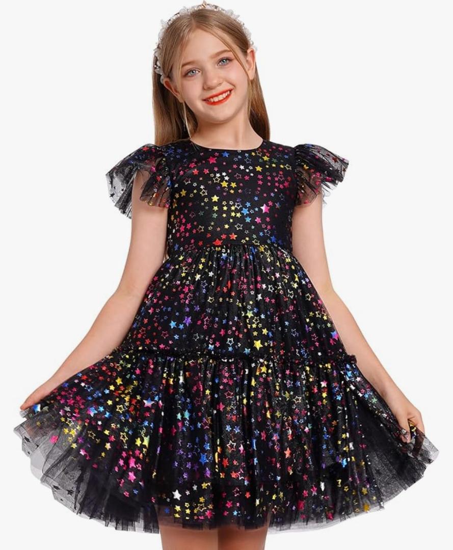 Girls Sequin Dress Toddler Shiny Rainbow Stars Tulle Dresses Ruffle Sleeve Birthday Party Photo Shoot Sparkly Dresses 110