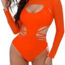 Kisscynest Women's Sexy Cutout One Piece Swimsuit Monokini with Long Sleeve Coverup Shirt, Orange,  M