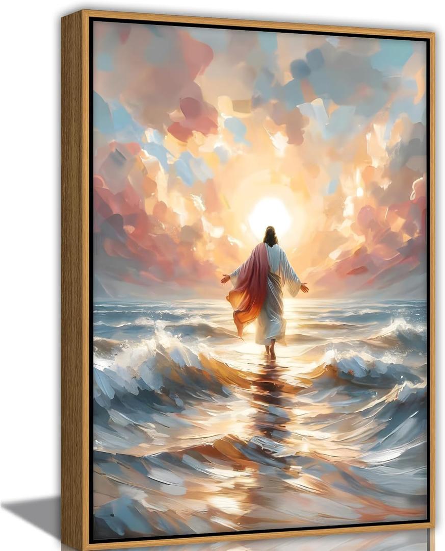 Framed Jesus Walking on Water Canvas Wall Art Christian Spiritual Divine Light Painting Picture Wall Decor Modern Religious Faith Poster Print Artwork for Church Prayer Room Bedroom Home Decoration, 24"L x 16"W