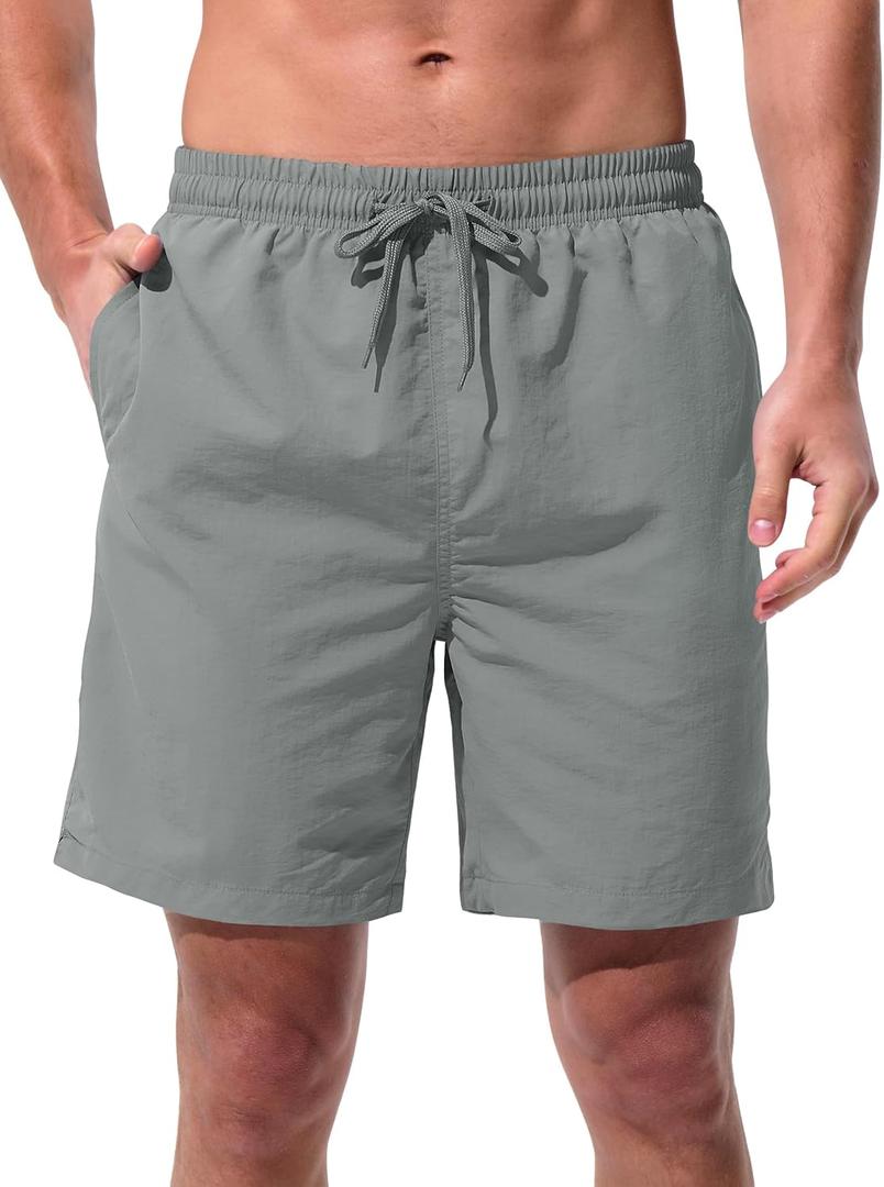 UIQUR Men's Swim Trunks Board Shorts Quick Dry Bathing Suits with Mesh Lining Pockets 7 Inch Inseam Beach Swimwear (Gray, L)