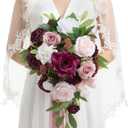 Ling's moment Burgundy Cascading Bridal Bouquet, Marsala Wedding Bouquets for Bride, 13 Inch Birde Bouquet Artificial Wedding Flower Bouquet