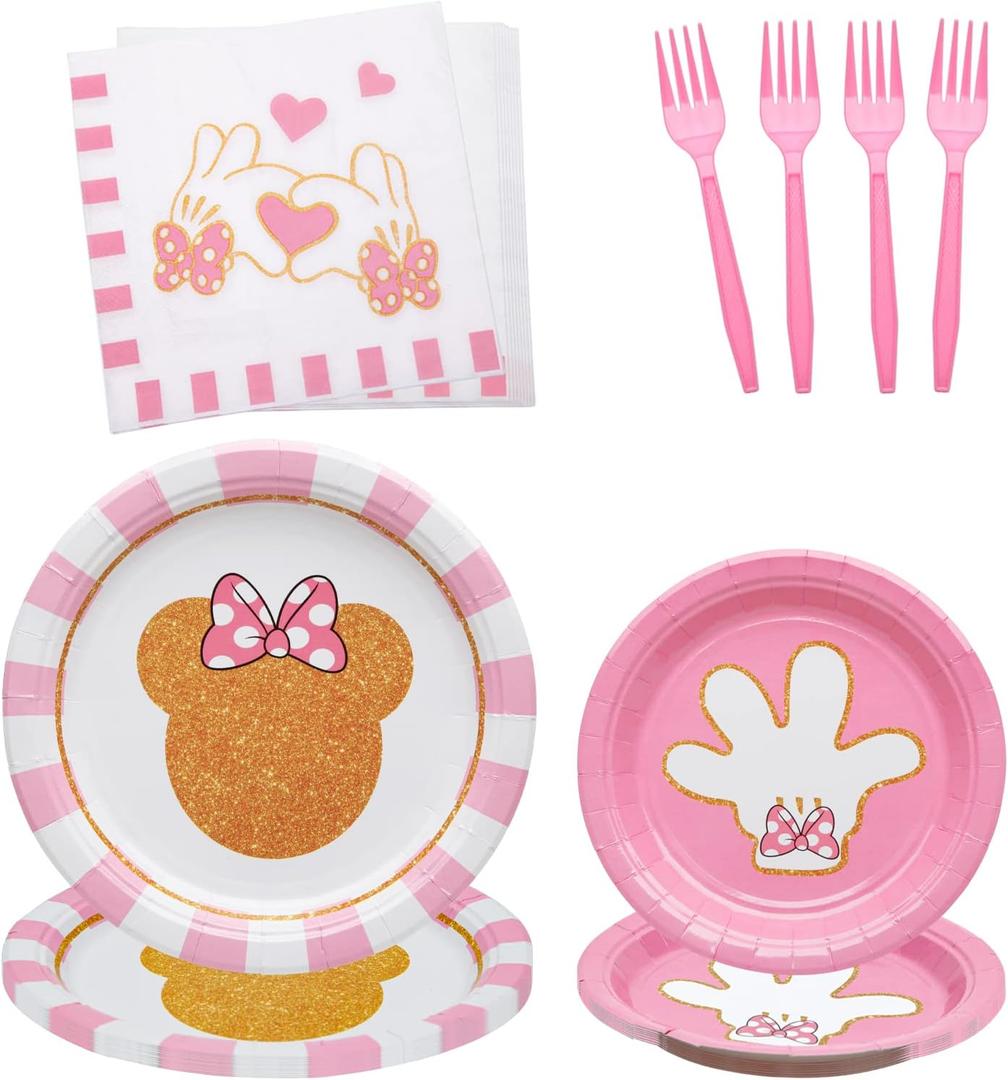 96 Pcs Minnie Tableware Set for Girl Pink Animals Theme Party Supplies With Gold Foil Decorations, Paper Plates, Napkins, Forks - Serves 24 Guests