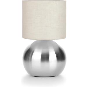 Modern Silvery Small Table Lamp with Cotton Linen Shade, 10.4-inch LED Desk Light, One-Button Switch for Bedroom, Living Room, Nightstand, Includes Warm Light Bulb
