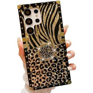 for Samsung Galaxy S25 Ultra Leopard Case with Rhinestone Ring Stand Holder, Black Cheetah Print Shockproof Protection Sparkle Bling Tightly Fit Cover for Samsung S25 Ultra (Leopard Pattern)