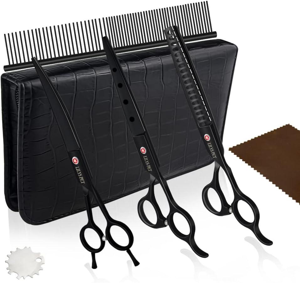 LILYS PET Professional PET DOG Grooming scissors Cutting&Curved&Thinning shears,Round Hole Design, Shark Teeth Thinning scissor (7", Black)