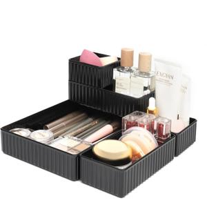 6 PCS Black Drawer Organizer Set 3-Size, Makeup Organizer,Versatile Desk and Vanity Drawer Organizer Trays, Storage Bins for Bedroom, KitchenBathroom