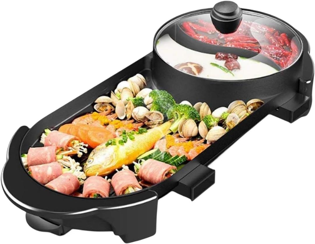 SEAAN Hot Pot with Grill, Korean BBQ Grill Indoor Hotpot Pot Electric Combo, Shabu Shabu Pot with Divider KBBQ Grill Smokeless Non-stick Separate Dual Temperature Control, for 2-12 People, 110V (Integrated)