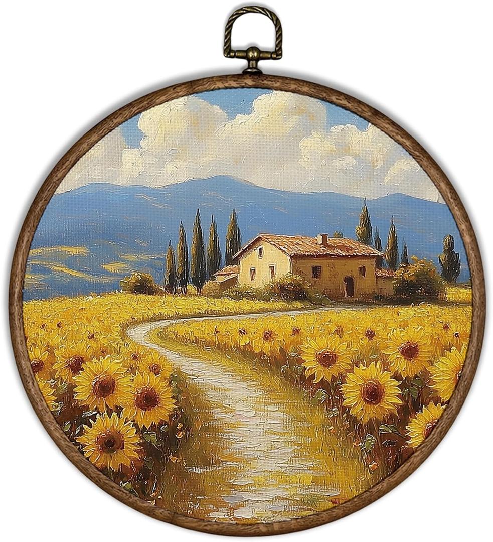 XBBMGG Farmhouse Scenery Sunflower Wall Art Decor, Rustic Cottagecore Flowers Round Wall Hanging Decor, Retro Floral Framed Canvas Prints for Living Room Bathroom Decorations,10x10inch