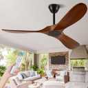 QWO 52" Ceiling Fans Without Lights, Solid Wood Ceiling Fan with Remote Control and DC Motor, Ceiling Fan no Light with 3 Blades, Indoor Outdoor Ceiling Fans for Patios, Bedroom- Dark Walnut (52 INCH)
