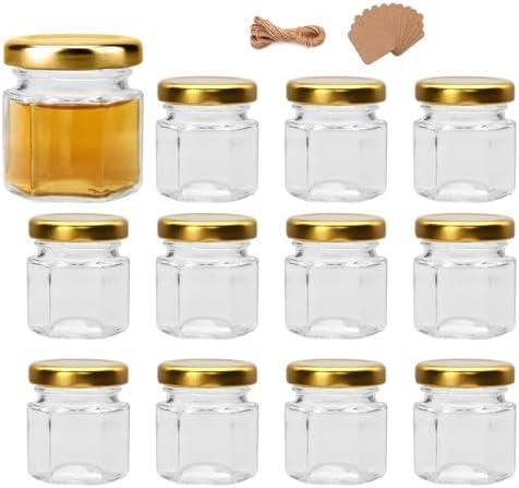 Encheng 1.5oz Clear Hexagon Jars,11 Pcs Mini Honey Jars with Golden Lids,Small Glass Jars with Tags and Jute Twine for Party Favor,Herbs,Jelly,Jams,Spices,Wedding Favor