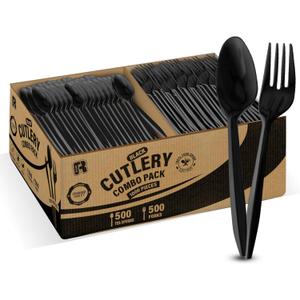 1000 Pcs Black Plastic Utensils Set - 500 Forks And 500 Teaspoons, Plastic Forks And Spoons Set - Bulk Black Cutlery Set