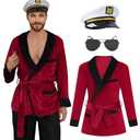 Halloween Celebrity Costume Adult Red Robe Men Hugh Captain Hefner Costume Women Red Silky Couples Velvet Robe with Captain Hat and Glasses SD092 M