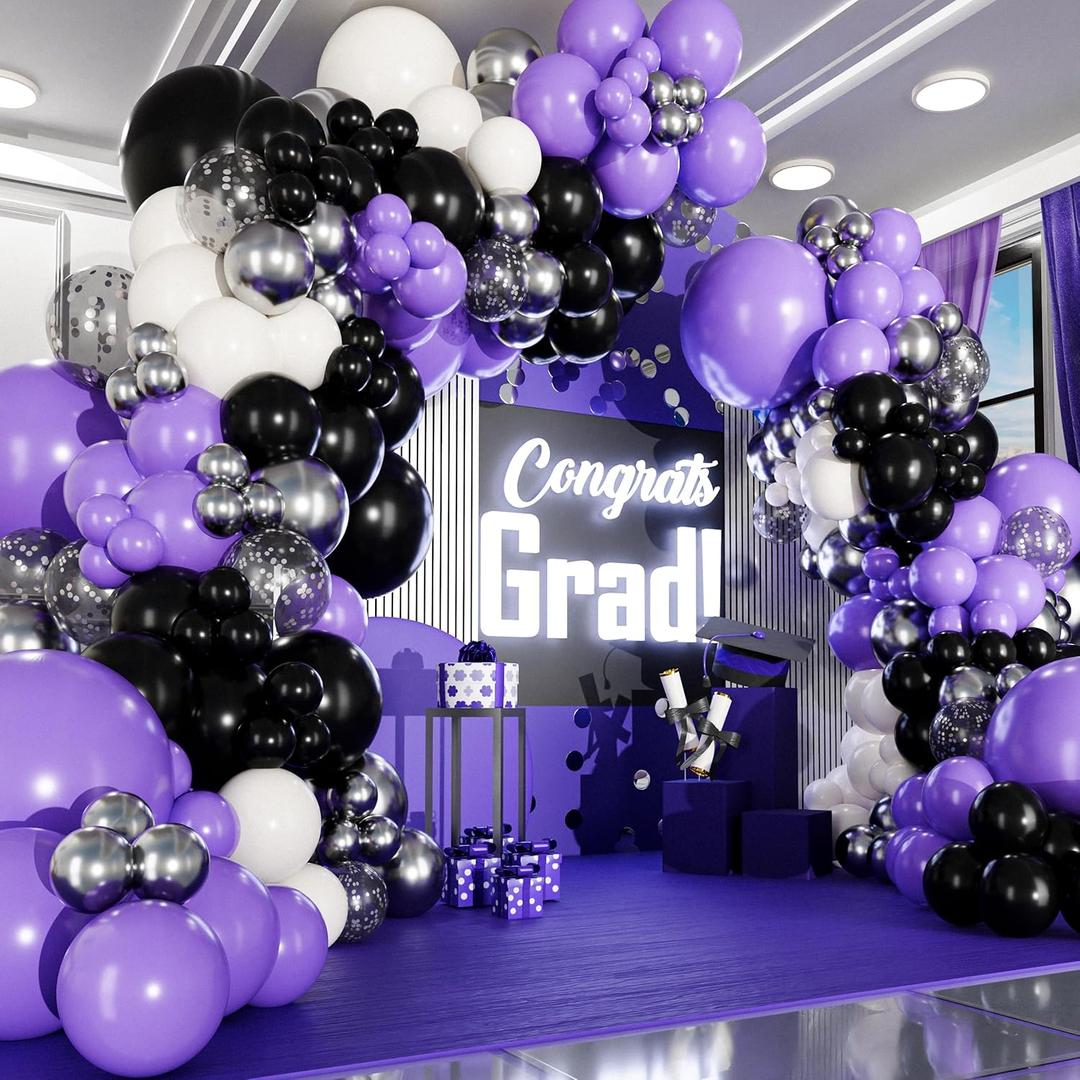 ALL-IN-1 Purple and Black White Balloons Garland & Arch Kit Small and Large White Purple and Black Balloons Party Decorations for Graduations, Birthdays, Retirement, Halloween Wednesday