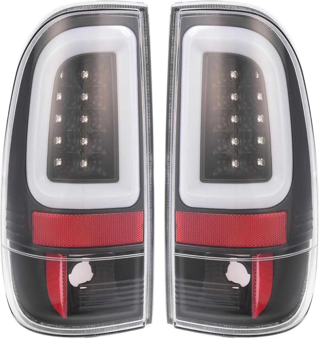 KUAFU Pair LED Tail Lights Compatible with 1997-2004 Ford F150 1999-2007 F250 F350 F450 F550 Super Duty Replacement for F85Z13404CA F85Z13405CA LED Tube Bar Tail Lamp Brake Black Housing & Clear Lens